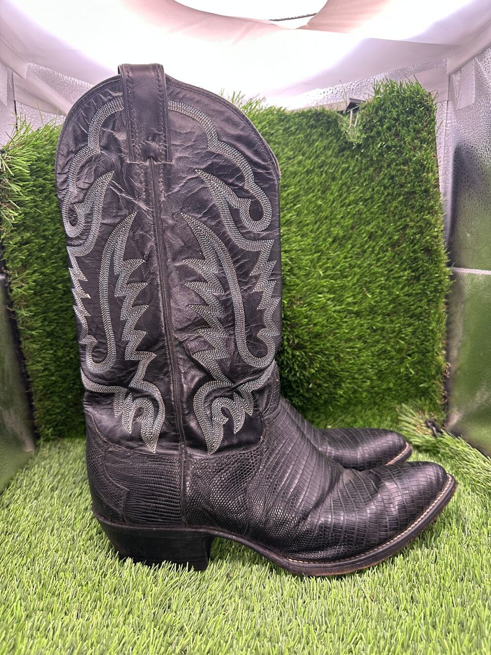 Vintage Justin 8311 Western Boot Men's 9.5 Black Leather Lizard Cowboy Ranch